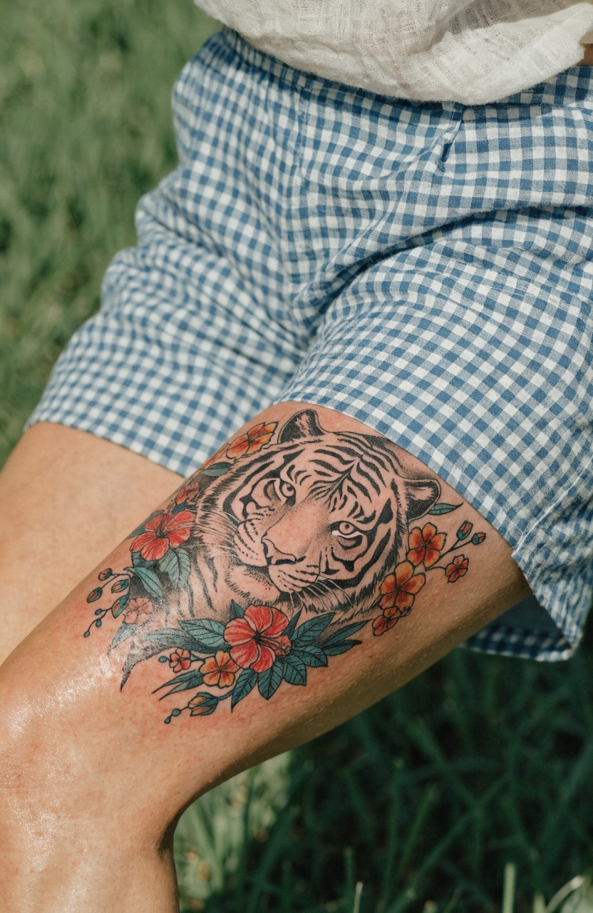 Realistic tiger head tattoo on upper thigh with surrounding red and orange flowers, black and gray shading on tiger and vibrant color pops on blooms, woman's leg in checkered shorts outdoors