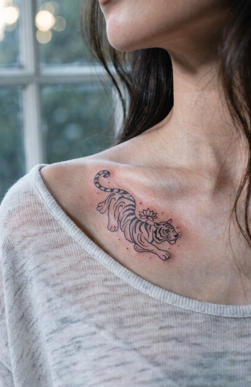 Black linework tiger leaping across a woman's shoulder with a flower on its head