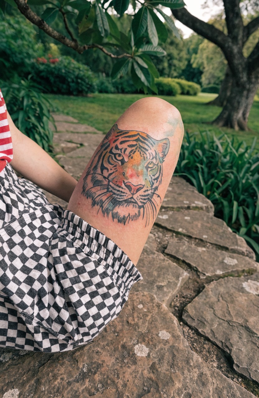 Vibrant colorful tiger head tattoo on upper thigh with detailed shading in pinks blues and yellows set against garden stones and greenery