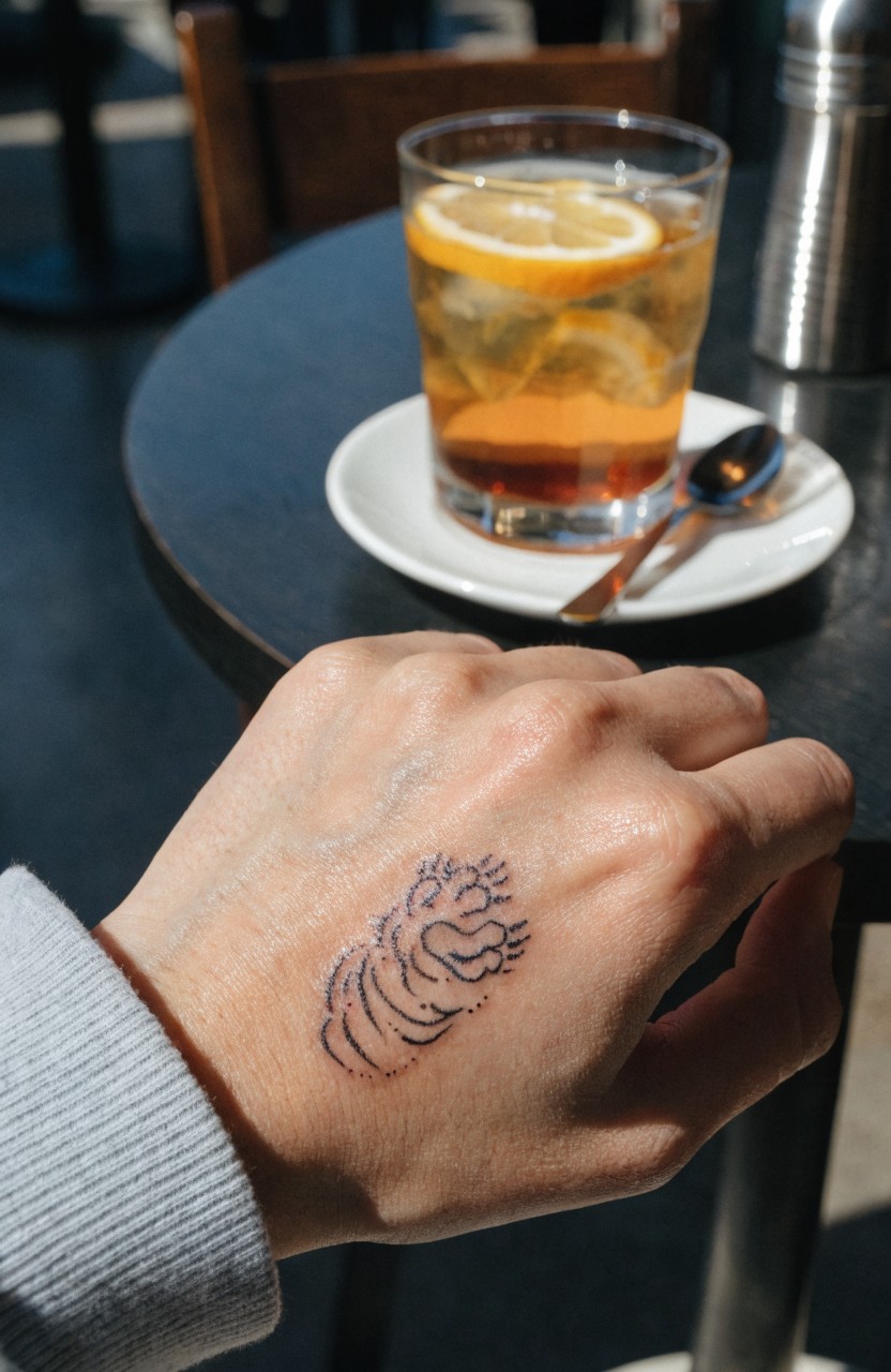 Fine line black ink tiger head tattoo on the back of a woman's hand resting on a cafe table near a glass of iced tea with lemon