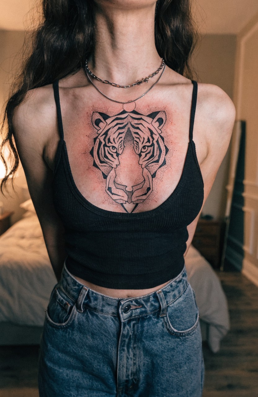 Black linework geometric tiger head tattoo centered on a woman's upper chest between her collarbones, shown under a black crop top