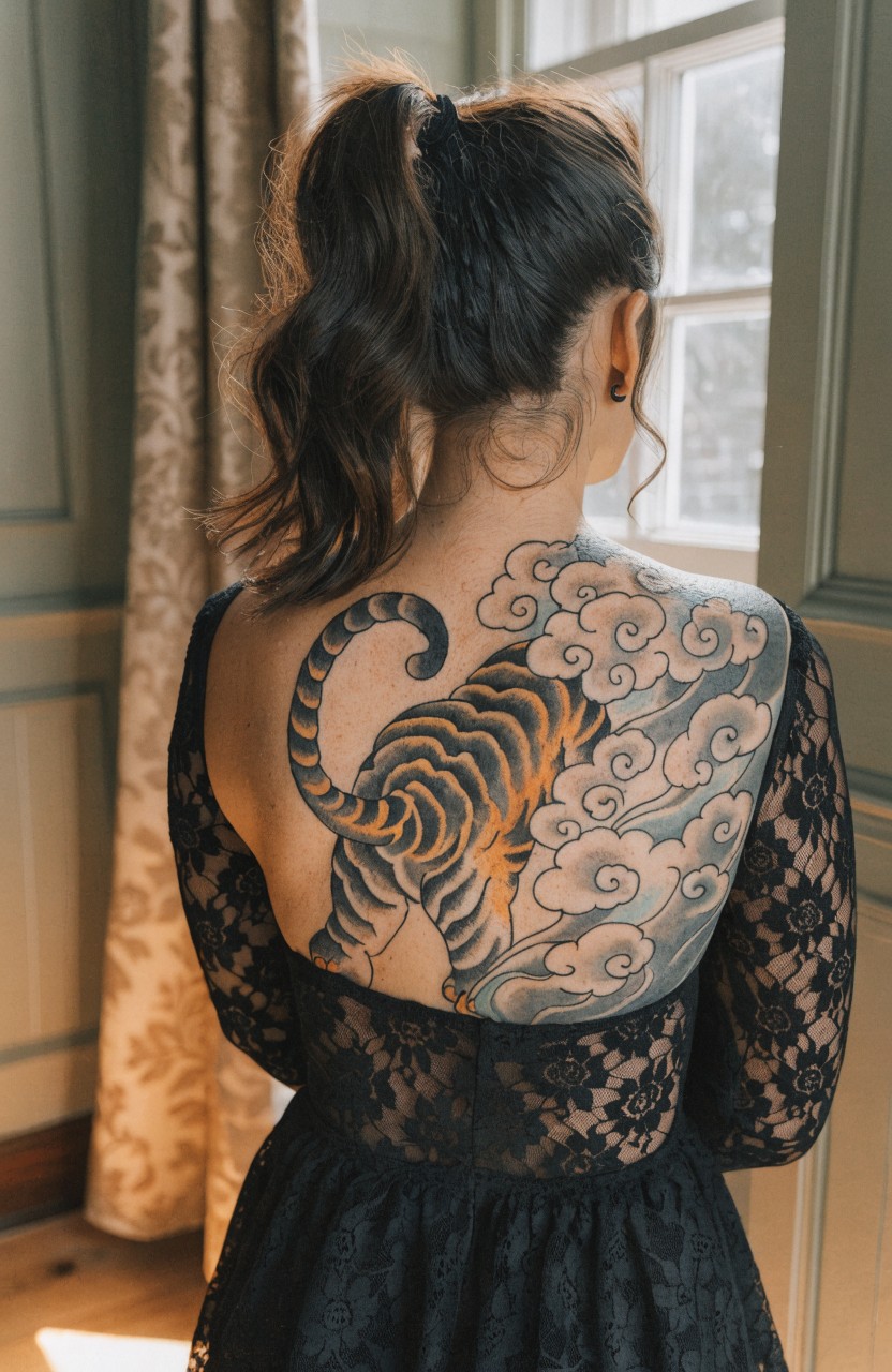 Woman in black lace dress viewed from back, revealing large Japanese-style tiger tattoo with swirling clouds on upper back