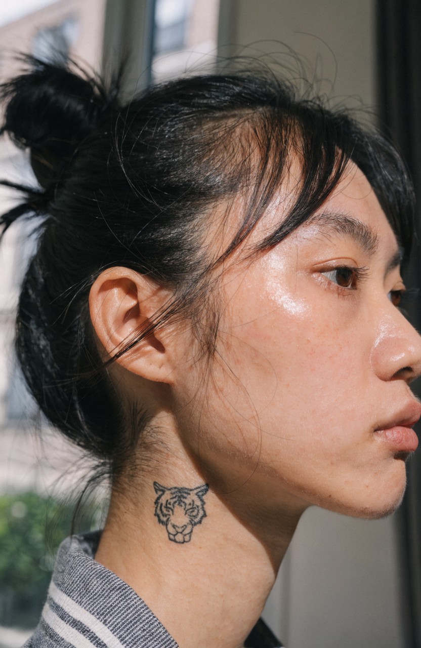 Minimalist black linework tiger head tattoo on a woman's neck base, shown in side profile