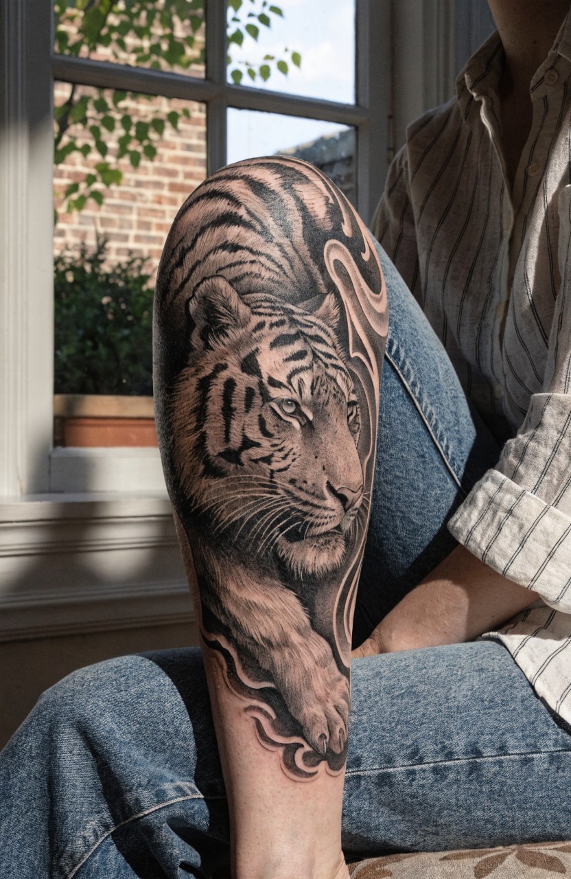 Black and grey realistic tiger portrait tattoo on a woman's upper outer thigh with intricate shading and swirling fur details