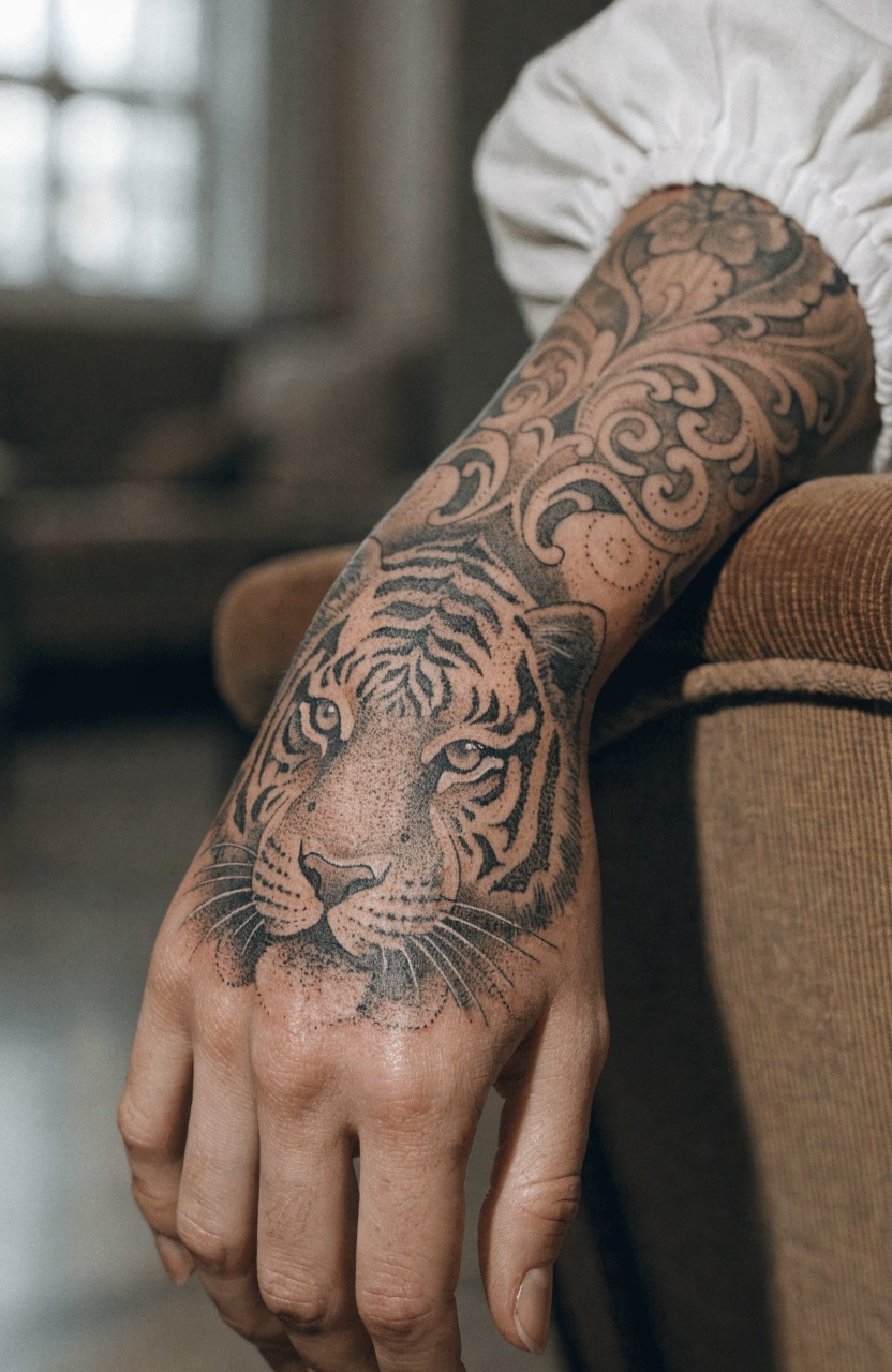 Black and gray realistic tiger head tattoo on woman's forearm and hand with intricate floral patterns, arm draped over couch