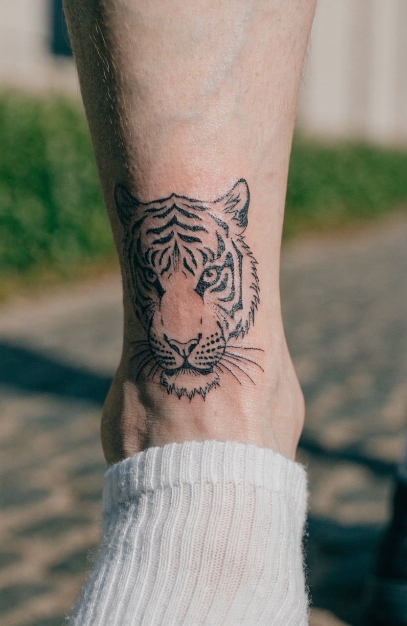 Black linework tiger face tattoo on ankle bone above white sock on paved path