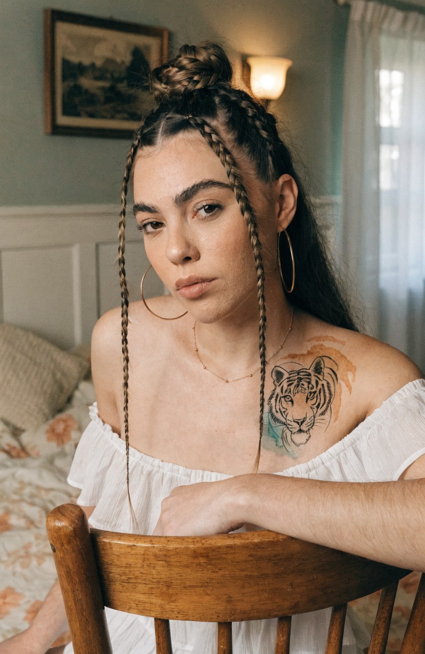 Woman's shoulder tattoo of a detailed tiger head with teal blue accents on eyes and fur, realistic style against skin in off-shoulder top