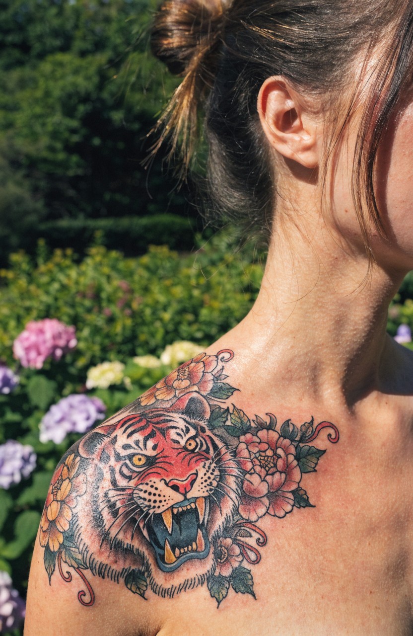 Vibrant tiger head tattoo snarling on a woman's bare shoulder, surrounded by pink purple and yellow flowers with green leaves in a colorful neo traditional style