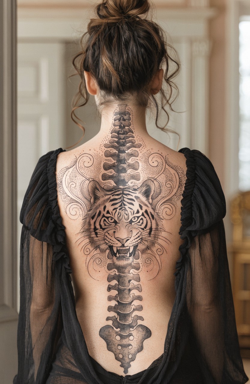 Black ink tiger tattoo integrated with spine vertebrae running down a woman's full back, viewed from behind while wearing sheer black off-shoulder top