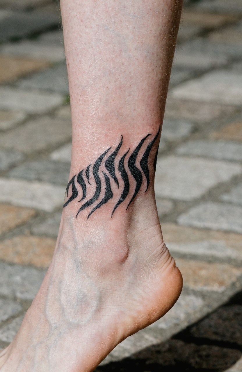 Black tiger stripe band tattoo wrapping around a woman's ankle on stone pavement