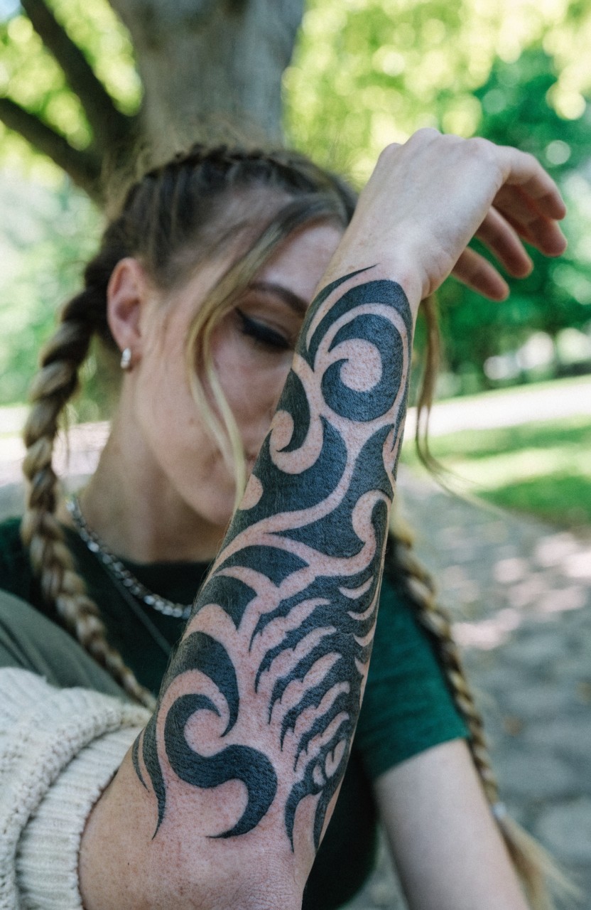 Woman's outer forearm tattooed with black tribal tiger design of swirling patterns claws and stripes blonde braids green shirt park background