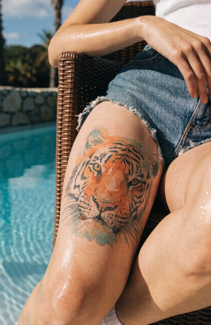 Woman's upper thigh tattooed with a large watercolor tiger face in blended orange tones sitting by a pool