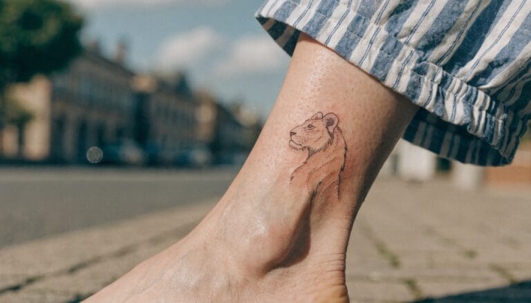 21 Stunning Lion Tattoo Ideas for Women That Feel Powerful and Feminine Minimalist black line art lion tattoo on the side of a woman's ankle and foot