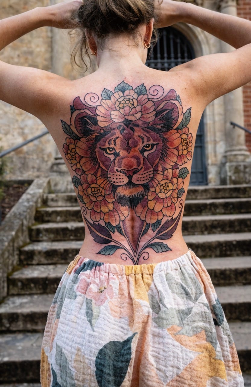 Vibrant neo-traditional lion head tattoo with orange and yellow flowers covering a woman's full back, viewed from behind against stone steps