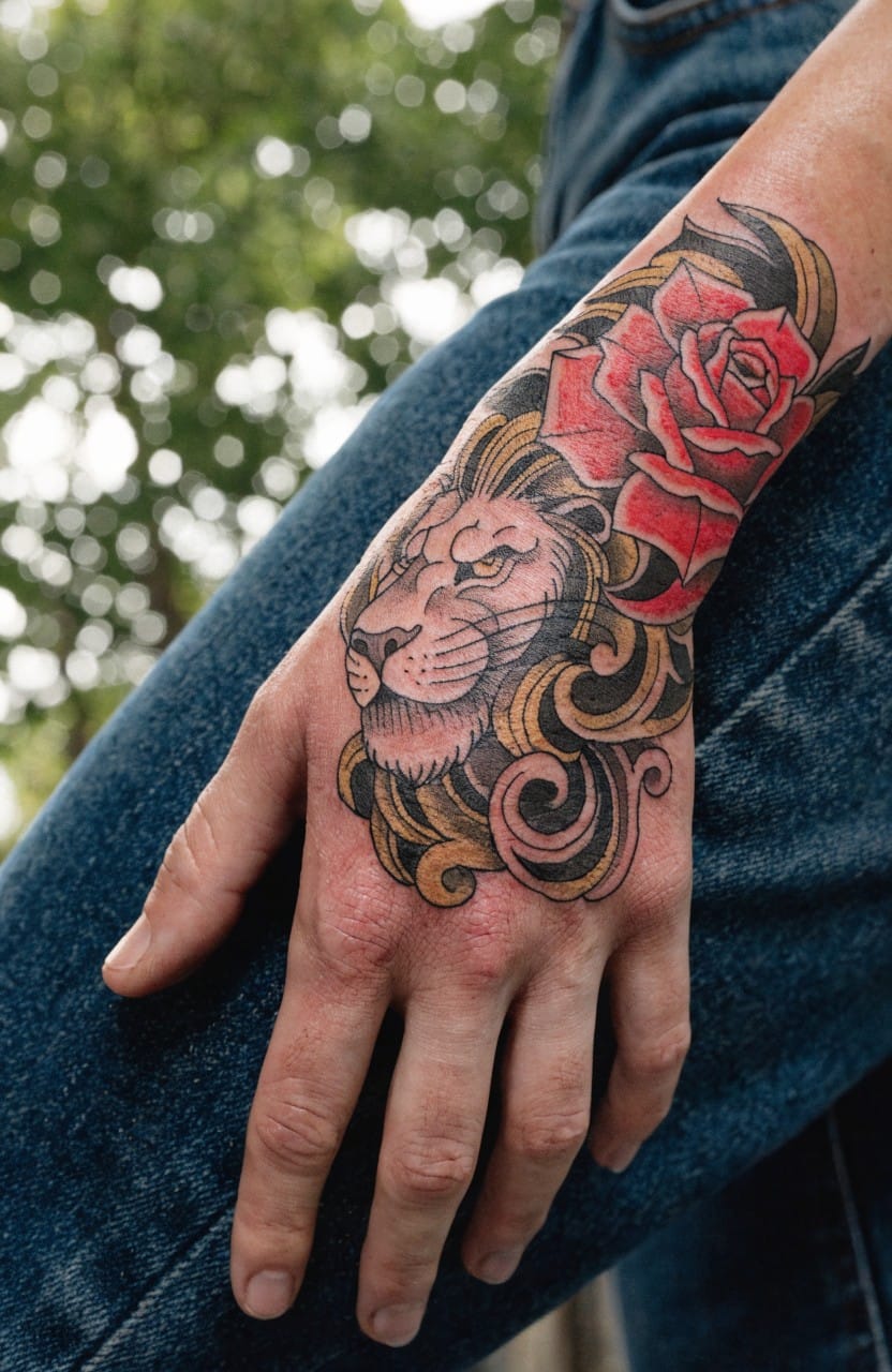 Woman's forearm tattoo showing a snarling lion head with a large red rose in the mane, neo-traditional style with bold lines and color details