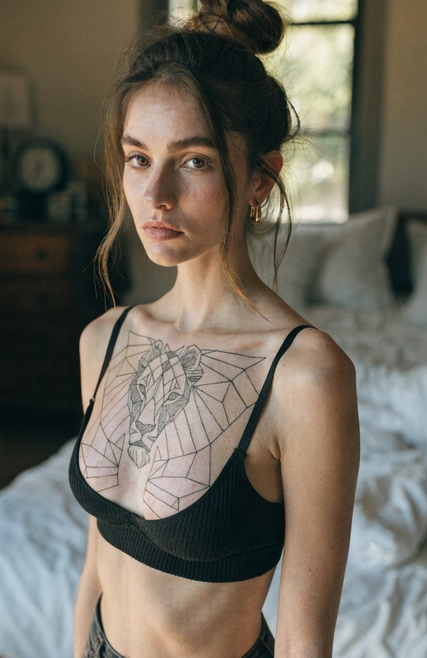 Woman modeling a large geometric black linework lion head tattoo spanning her upper chest and sternum