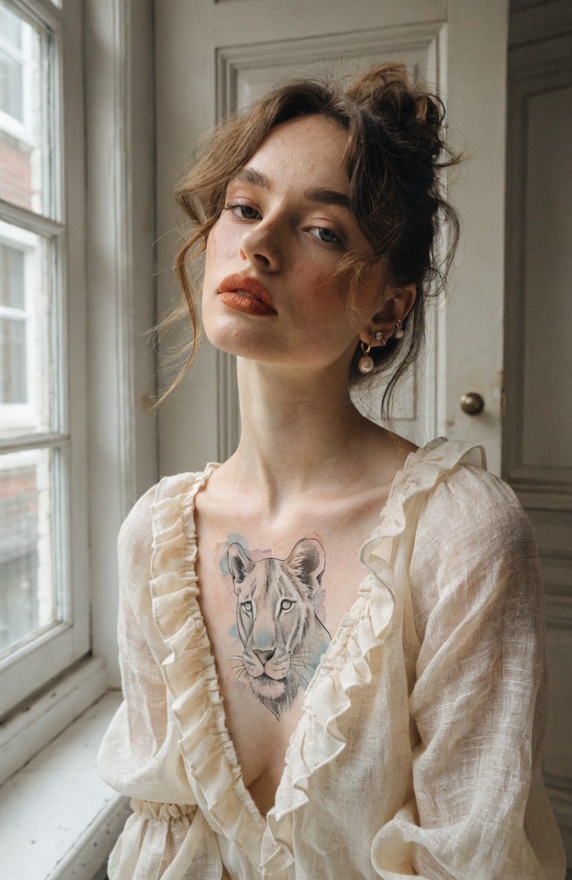 Woman in sheer white blouse showing large grayscale lion head tattoo on upper chest with detailed fur shading and piercing eyes