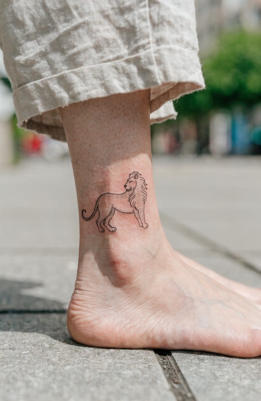 Minimalist black line art lion tattoo on the side of a woman's ankle and foot