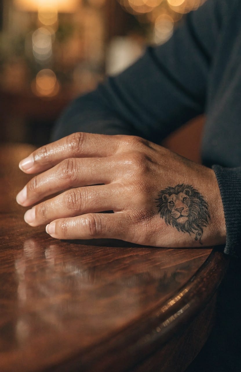 Black and grey realistic lion head tattoo on the back of a hand resting on a wooden table in a dimly lit bar