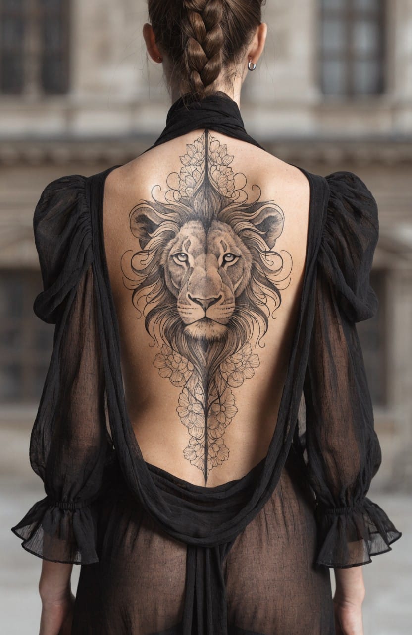 Woman's back showing large black and grey lion head tattoo with floral spine design under sheer black dress