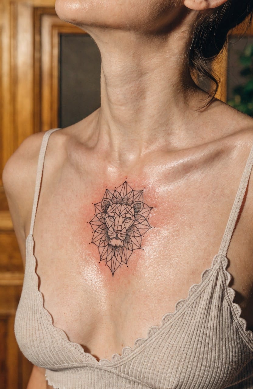 Woman's upper chest with a black linework mandala lion tattoo centered on the sternum, featuring geometric petals and fine details on glistening skin