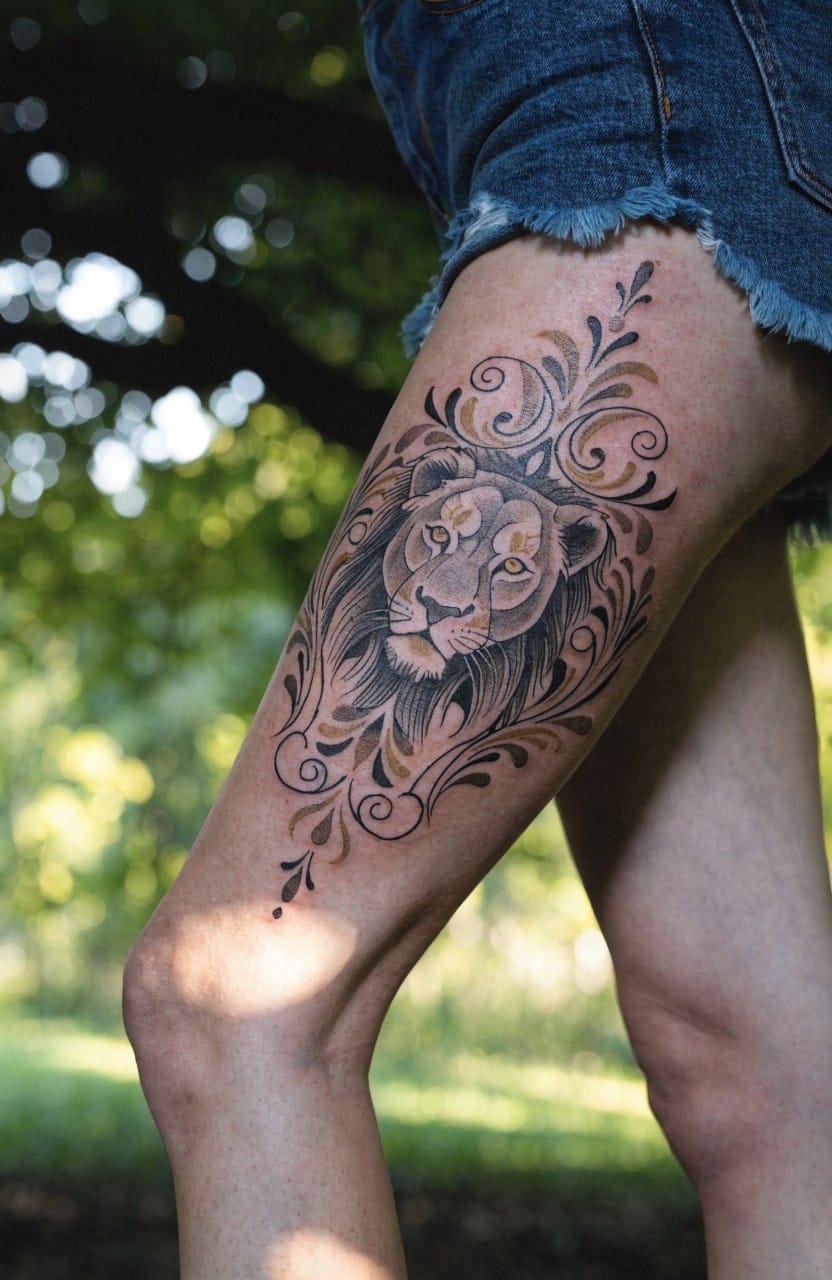 Black and grey lion head tattoo with ornate gold floral frame on a woman's outer thigh in an outdoor setting