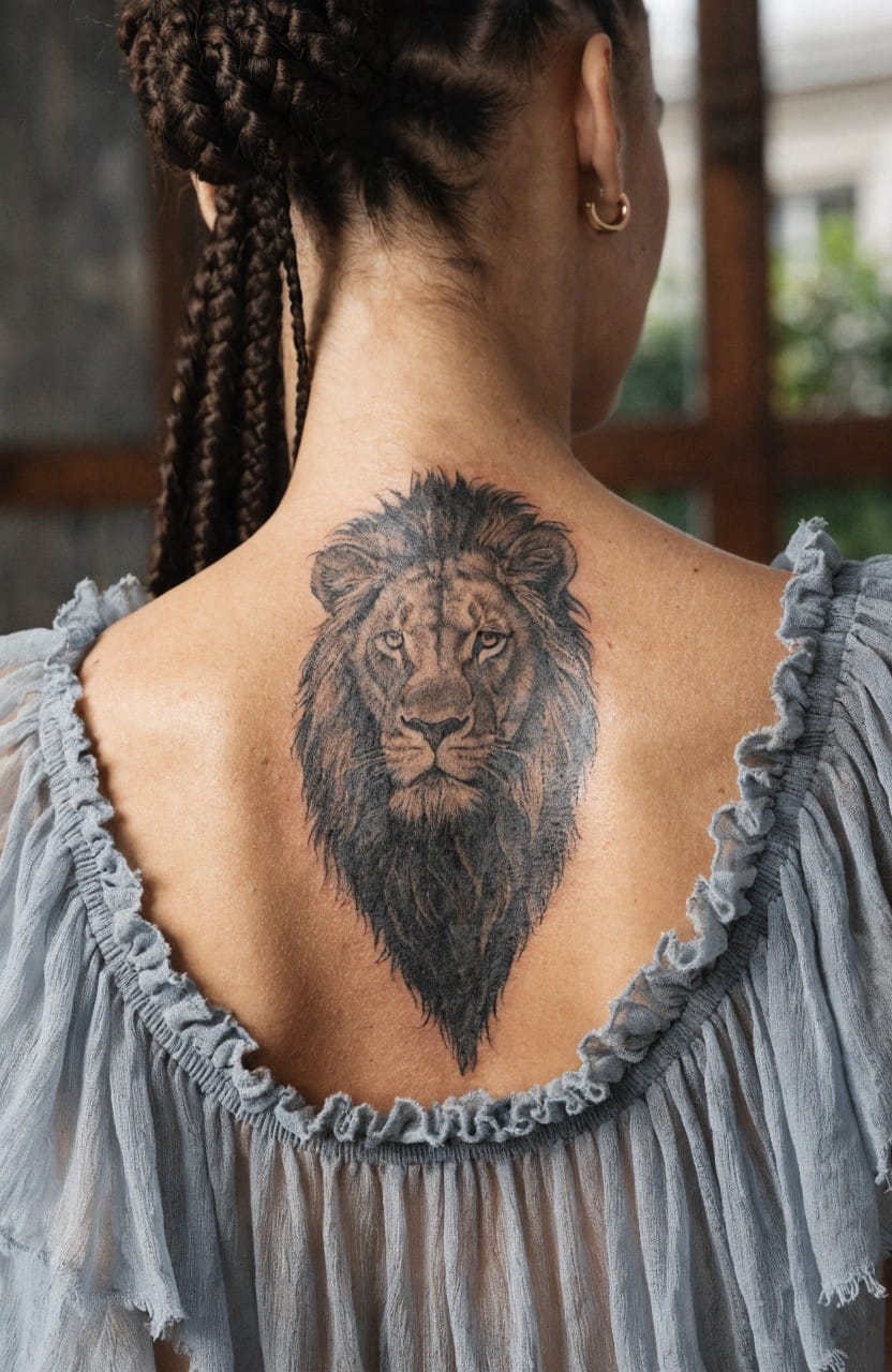 Black and grey realistic lion head tattoo on a woman's upper back, detailed face and mane viewed from behind