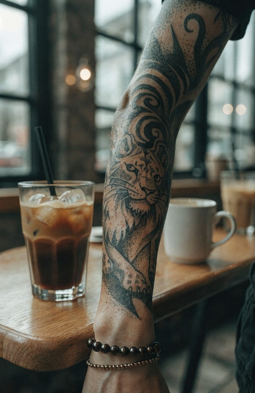 Realistic black and grey tiger tattoo wrapping around a toned arm, snarling face and body detailed with shading, set against a cafe table with iced coffee