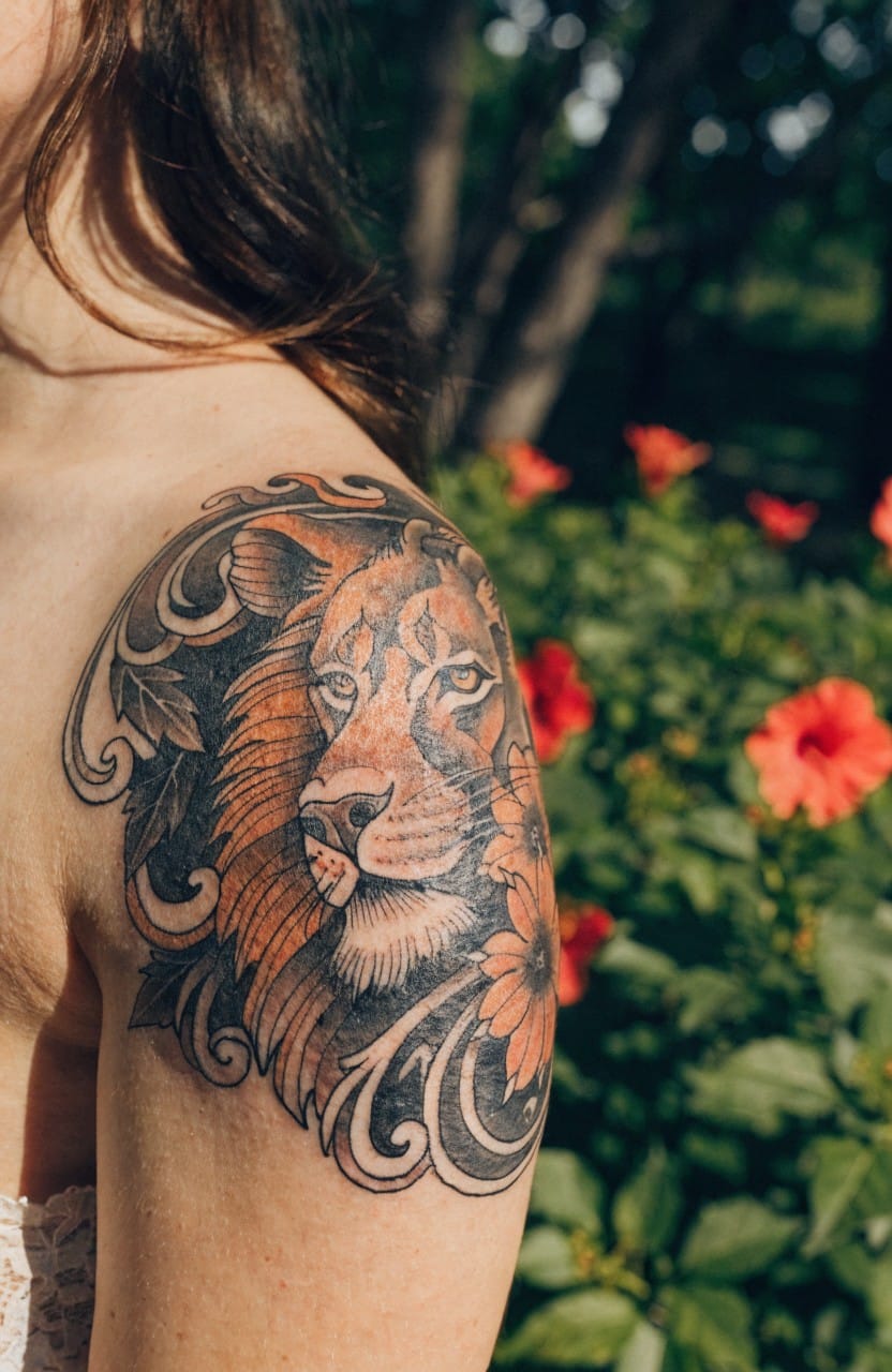 Woman's shoulder tattoo of a detailed lion head surrounded by red hibiscus flowers and green leaves in shaded black ink with color accents