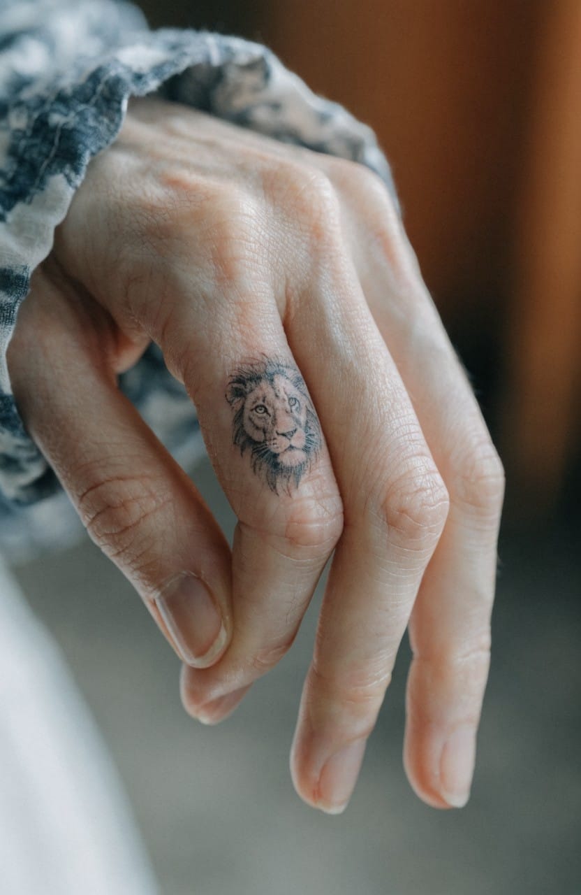 Woman's hand with a tiny black ink lion head tattoo on the side of her ring finger, fine line style and subtle shading, against an orange background