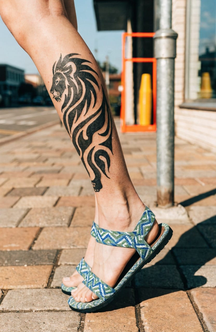 Woman's muscular leg with large vertical black tribal lion tattoo featuring snarling head and flame mane, teal sandals on brick sidewalk