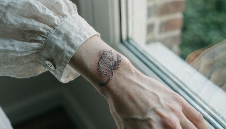 Black fine-line tiger tattoo wrapping from wrist to mid-forearm on pale skin, arm extended with beige sleeve pulled back near a window
