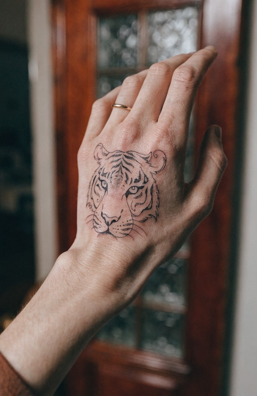 Fine line black ink tiger head tattoo on the back of a hand with detailed stripes eyes and subtle shading