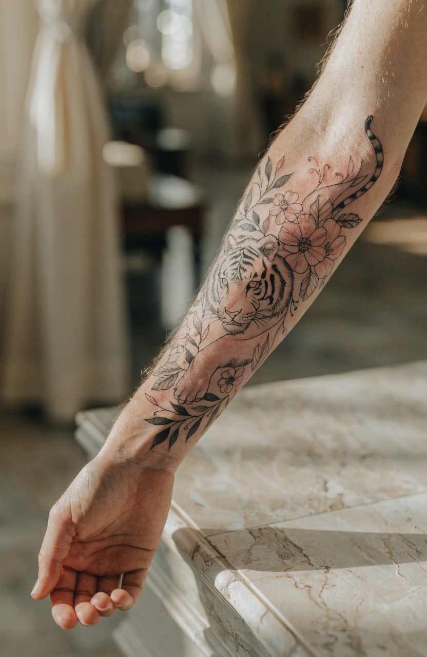 Black and gray tiger tattoo on outer forearm with integrated flowers and leaves in fine line style