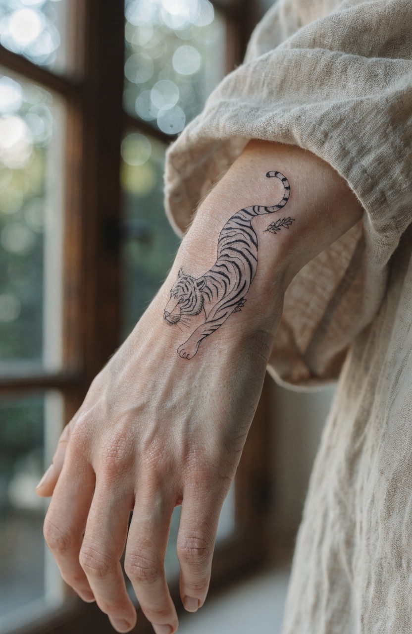 Black fine-line tiger tattoo wrapping from wrist to mid-forearm on pale skin, arm extended with beige sleeve pulled back near a window