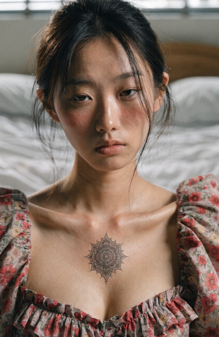 Black linework mandala tattoo centered on a woman's upper chest above a pink floral dress