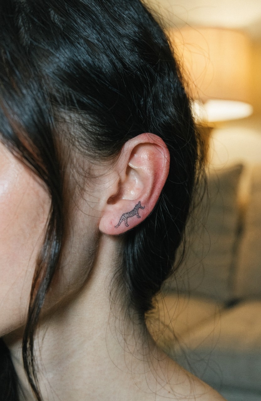 Woman's profile view with small black linework tiger tattoo behind her ear