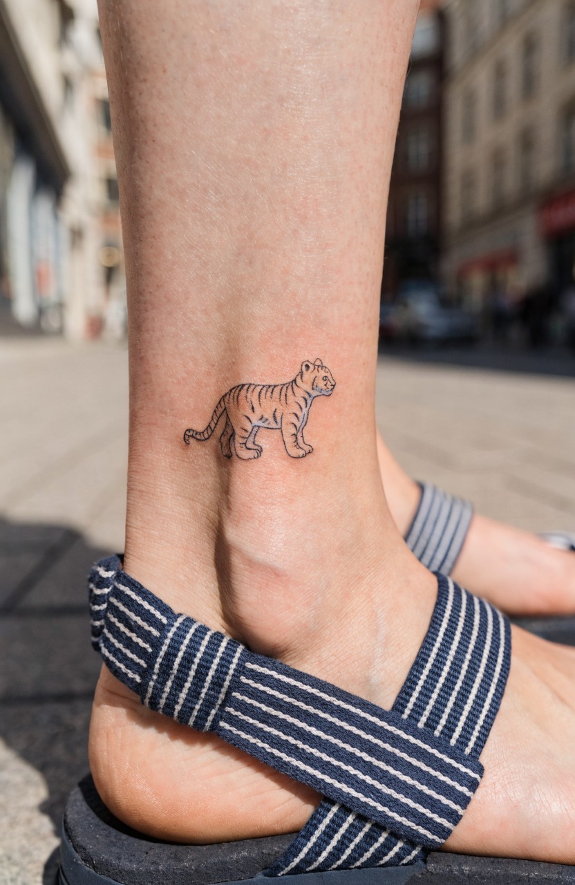 Small line drawing of a tiger cub on a woman's ankle next to her sandal strap