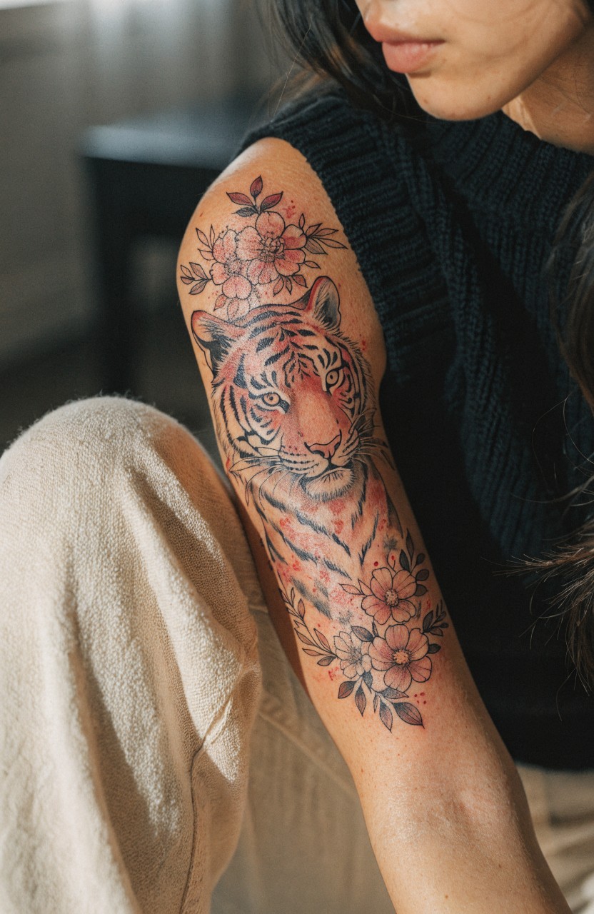 Woman's upper arm with large colorful tiger head tattoo framed by pink cherry blossom flowers