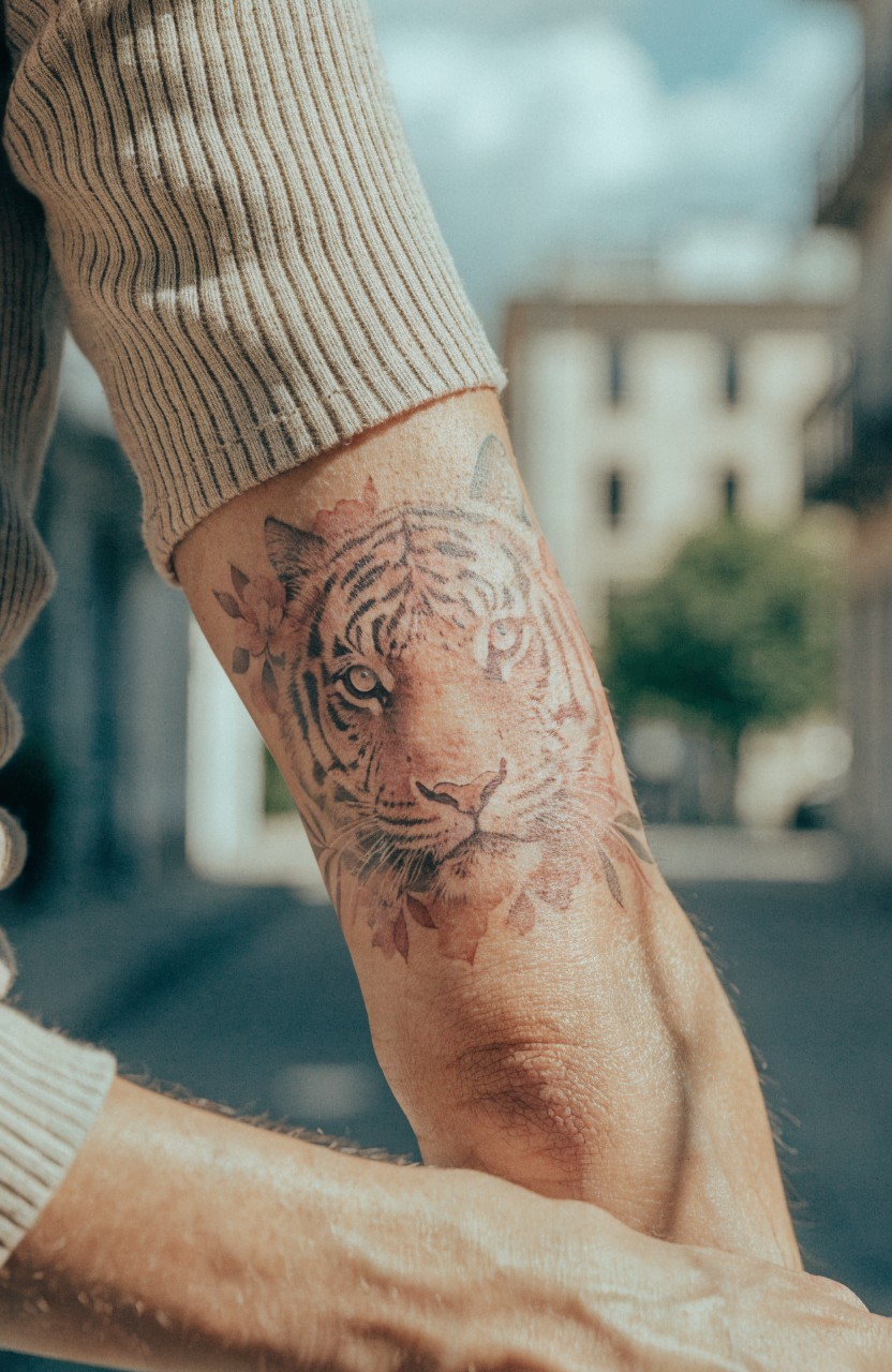 Detailed tiger head tattoo with surrounding flowers and shading on a bent upper arm in soft orange tones