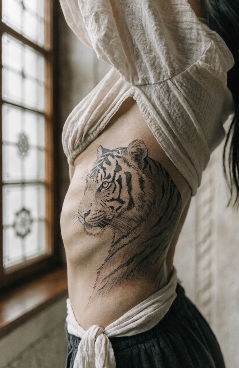Black and gray tiger head tattoo curving along a woman's side torso and ribs
