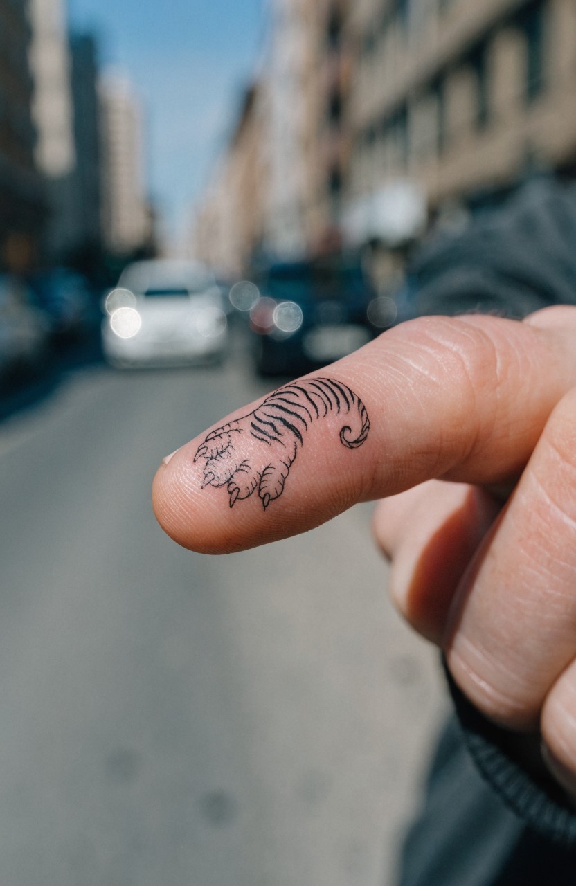 Small tiger paw tattoo on fingertip with fine line details and subtle shading, shown pointing in a city street