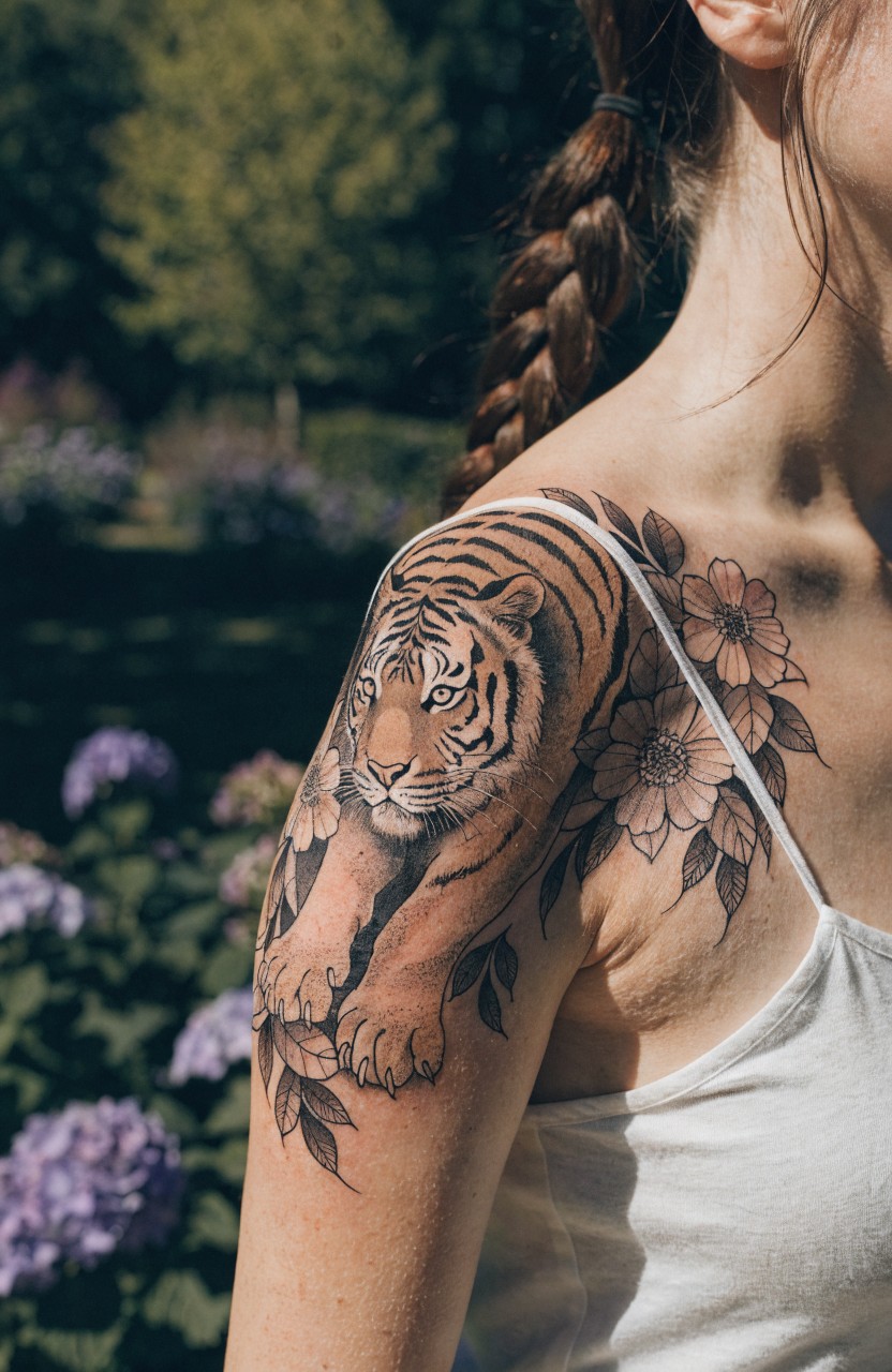 Woman's shoulder tattoo of a realistic black and gray tiger surrounded by purple hydrangeas, white flowers, and leaves