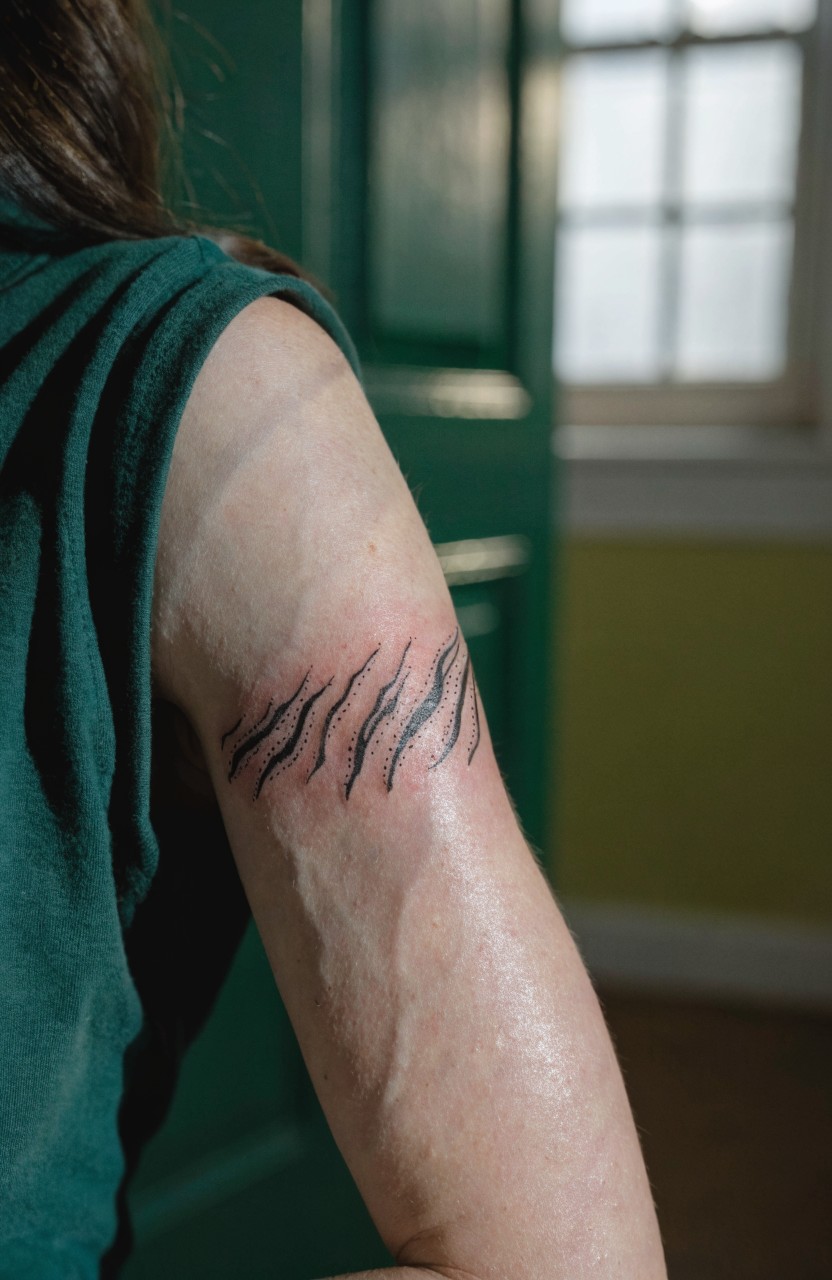 Black line art tiger stripes tattooed as a thin armband wrapping a woman's upper arm on bare skin under green shirt sleeve