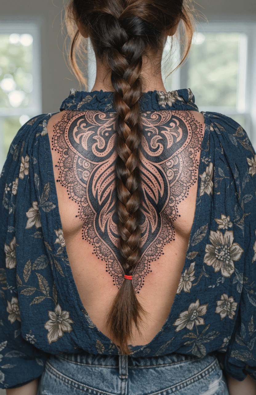 Woman's upper back view featuring large intricate black lace tattoo integrated around her long braided hair, paired with open-back blue floral blouse