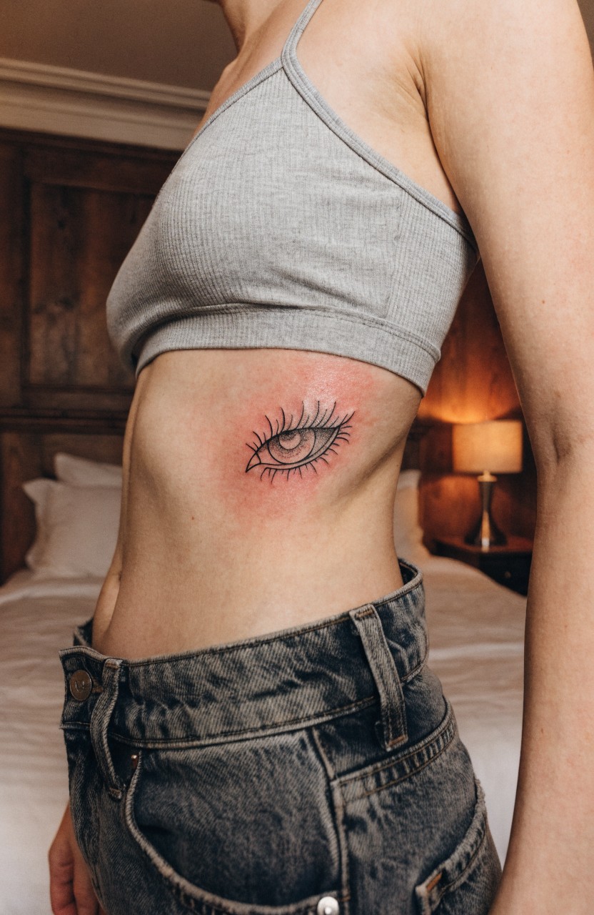 Realistic black ink eye tattoo with long lashes on a woman's side waist, shown curving with her torso in a gray crop top