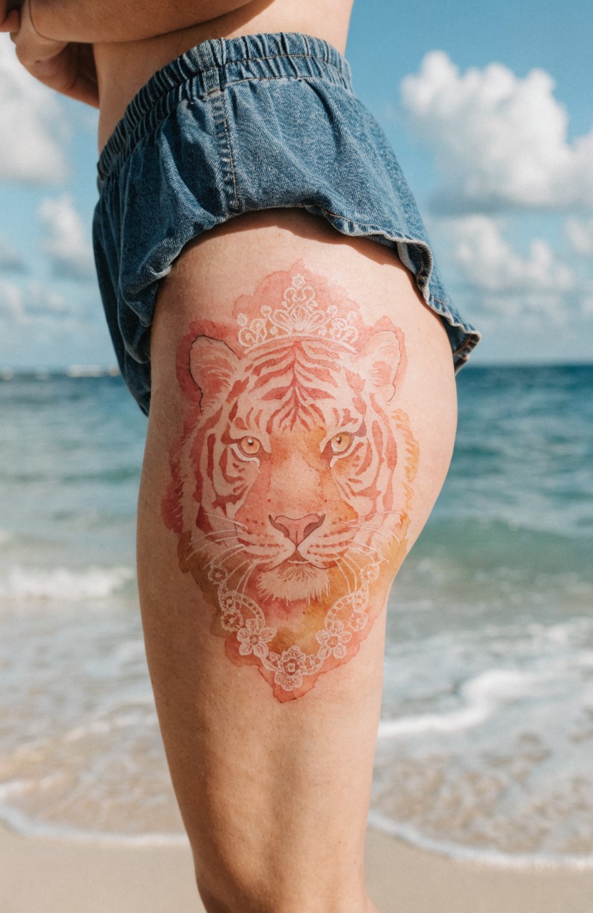 Woman's upper thigh tattoo of a watercolor tiger face in soft pinks and oranges with intricate white lace mandala designs around it, wearing denim shorts at the beach