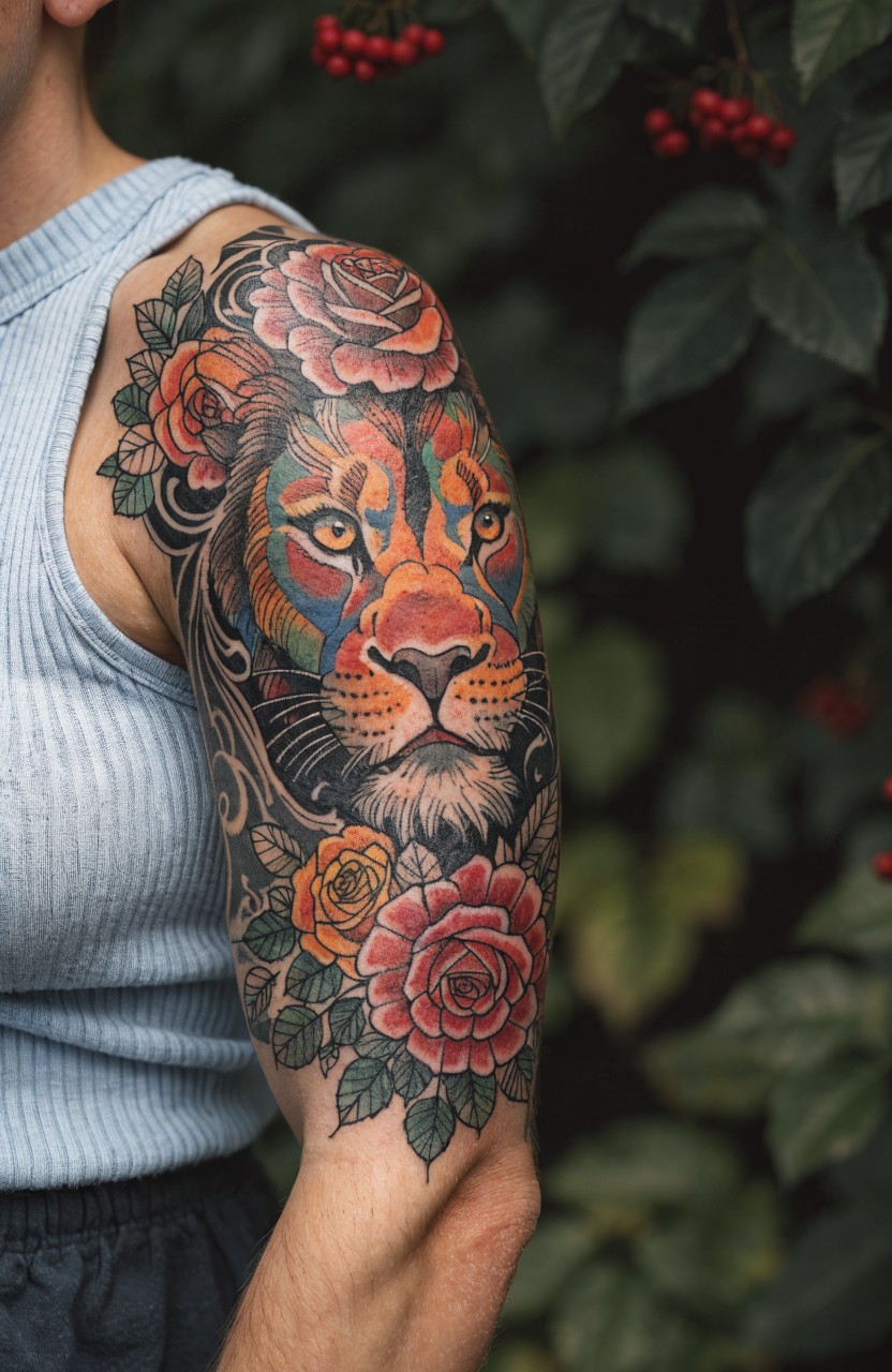 Woman's upper arm tattoo of a multicolored lion head surrounded by red and orange roses with green leaves on a garden backdrop