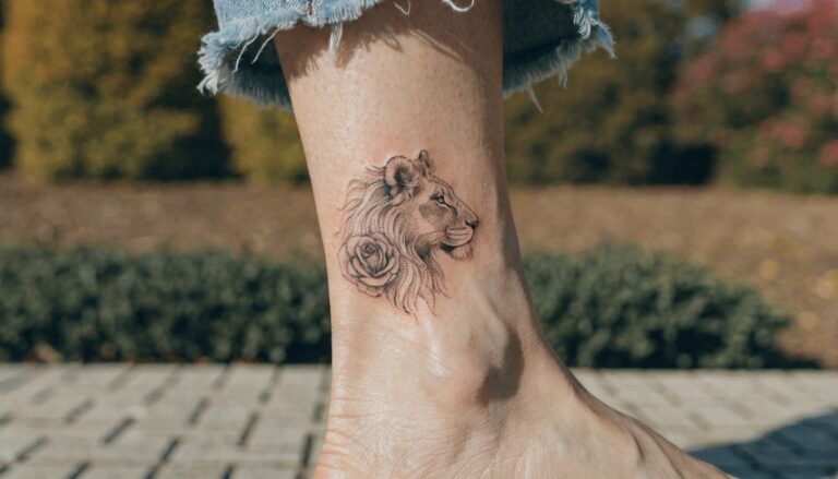 Small fine line lioness head tattoo on a woman's outer ankle in black ink with light shading