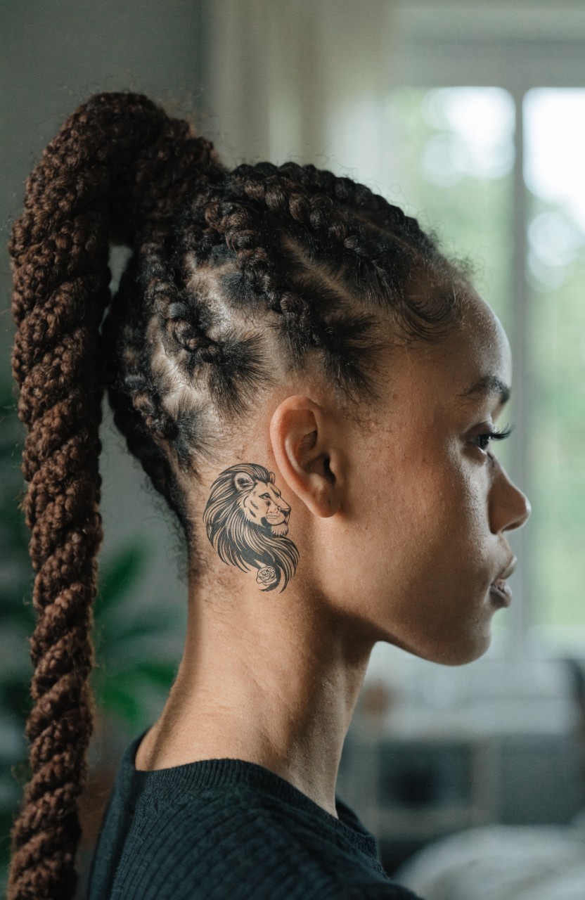 Grayscale lion head tattoo in profile on the side of a woman's neck behind her ear, shown in close-up side view with braided ponytail
